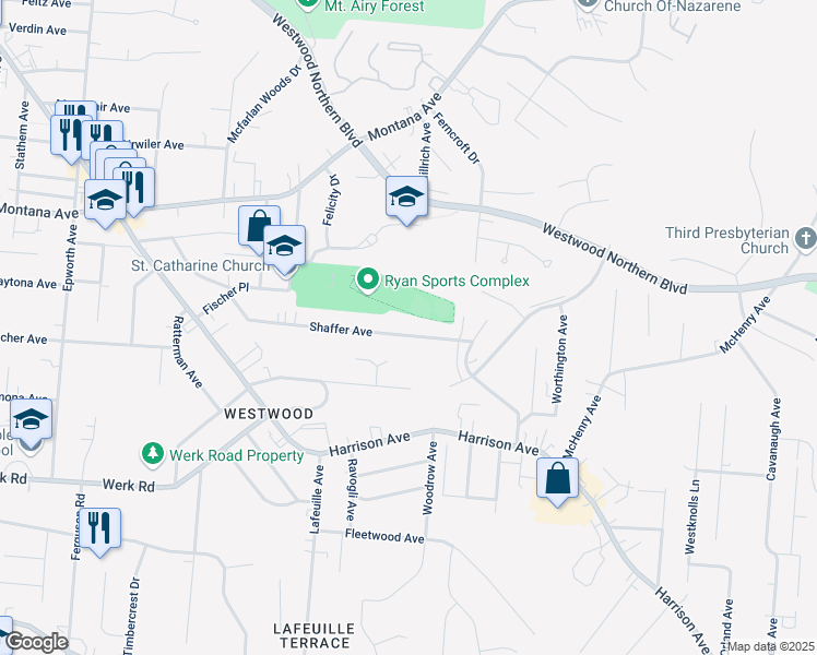 map of restaurants, bars, coffee shops, grocery stores, and more near 2726 Shaffer Avenue in Cincinnati