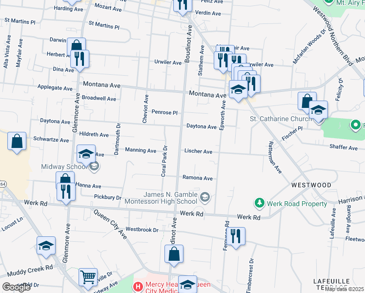 map of restaurants, bars, coffee shops, grocery stores, and more near 3054 Lischer Avenue in Cincinnati