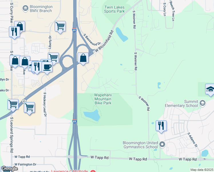map of restaurants, bars, coffee shops, grocery stores, and more near 2262 South Oakdale Drive in Bloomington