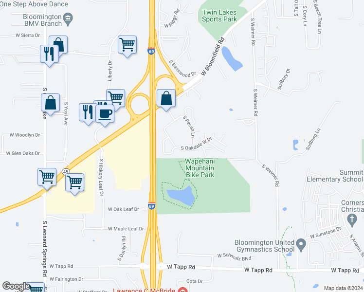 map of restaurants, bars, coffee shops, grocery stores, and more near 1753 South Oakdale Drive in Bloomington