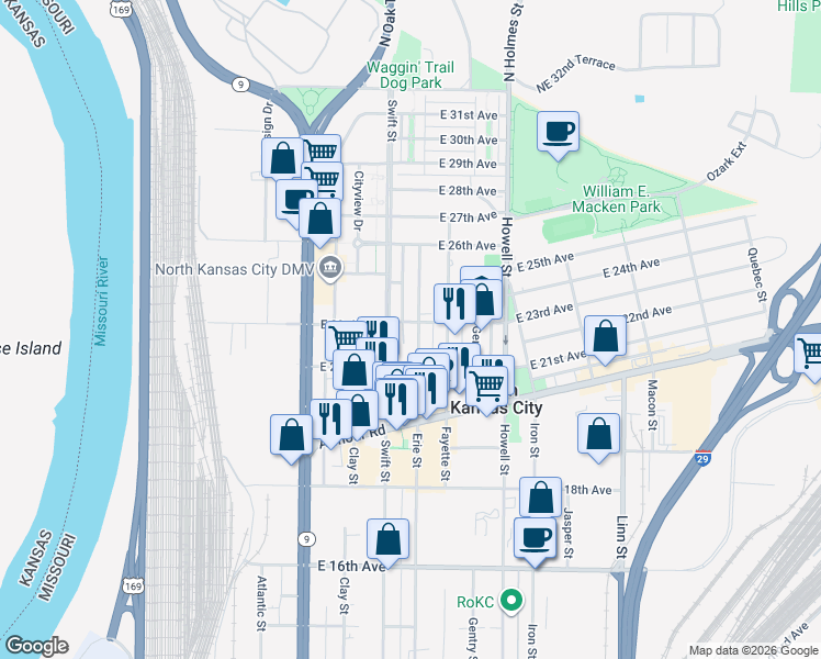 map of restaurants, bars, coffee shops, grocery stores, and more near 2300 Erie Street in North Kansas City