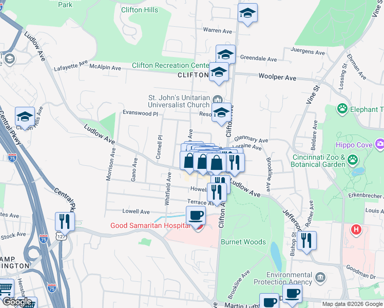 map of restaurants, bars, coffee shops, grocery stores, and more near 358 Shiloh Street in Cincinnati