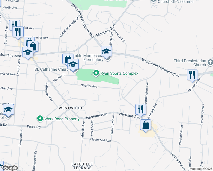 map of restaurants, bars, coffee shops, grocery stores, and more near 2730 Shaffer Avenue in Cincinnati
