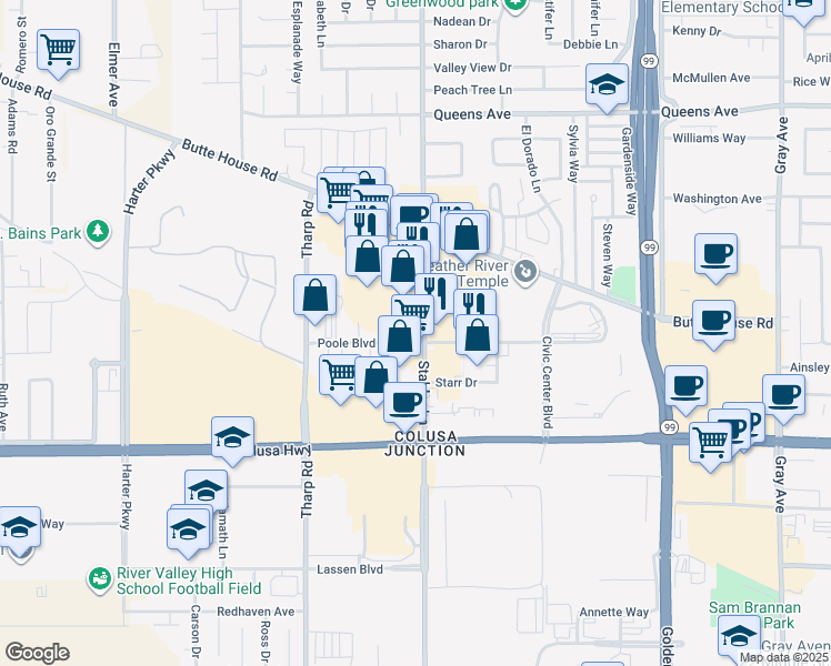map of restaurants, bars, coffee shops, grocery stores, and more near 1212-1266 Stabler Lane in Yuba City