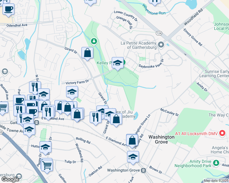 map of restaurants, bars, coffee shops, grocery stores, and more near 78 Nina Court in Gaithersburg
