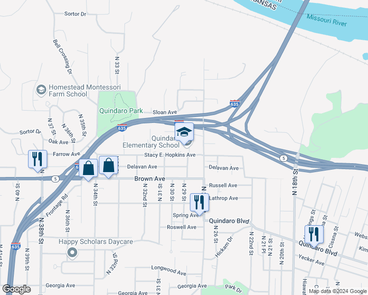 map of restaurants, bars, coffee shops, grocery stores, and more near 2800 Farrow Avenue in Kansas City