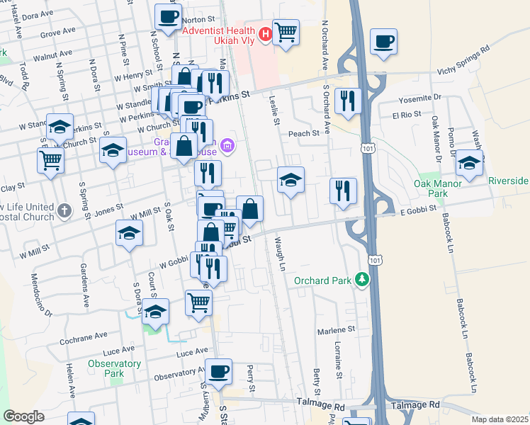 map of restaurants, bars, coffee shops, grocery stores, and more near 300 East Gobbi Street in Ukiah
