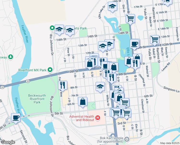 map of restaurants, bars, coffee shops, grocery stores, and more near 700 10th Street in Marysville