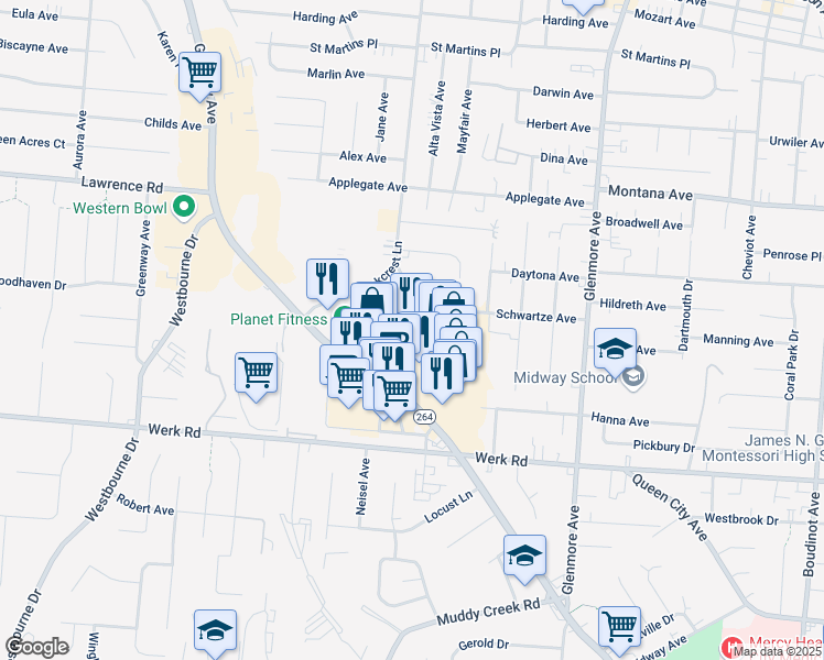 map of restaurants, bars, coffee shops, grocery stores, and more near 6100 Glenway Avenue in Cincinnati
