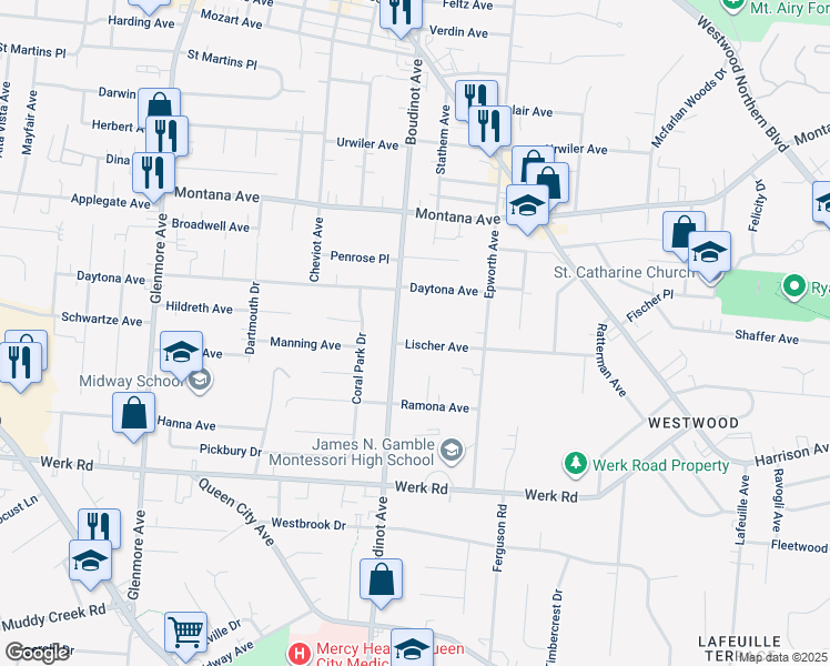 map of restaurants, bars, coffee shops, grocery stores, and more near 3054 Lischer Avenue in Cincinnati