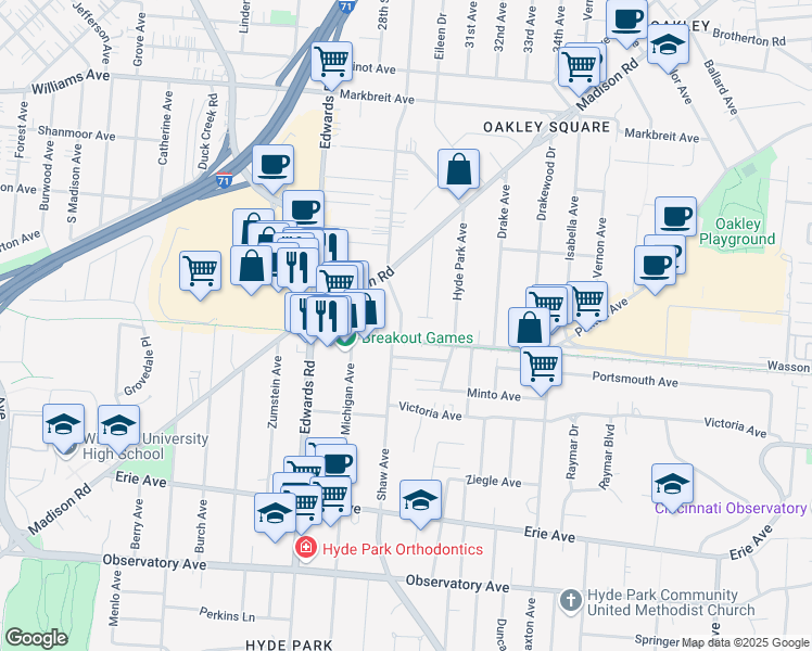 map of restaurants, bars, coffee shops, grocery stores, and more near 3714 Woodland Avenue in Cincinnati