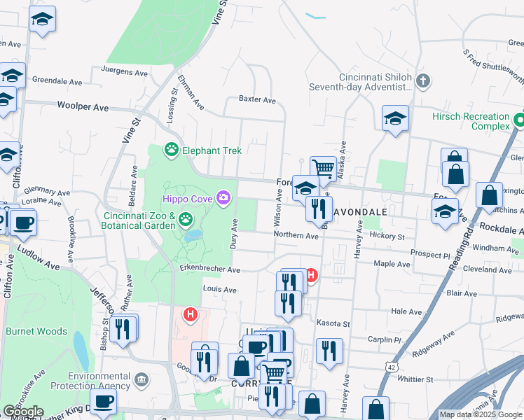 map of restaurants, bars, coffee shops, grocery stores, and more near 3434 Larona Avenue in Cincinnati
