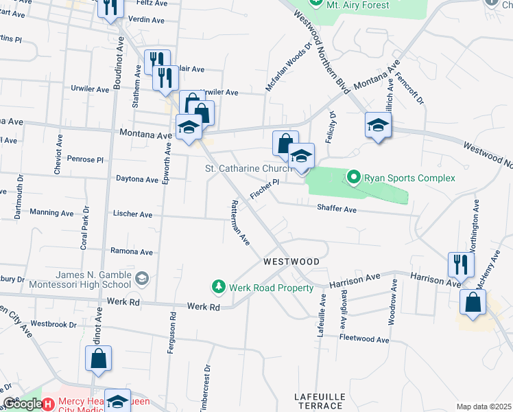map of restaurants, bars, coffee shops, grocery stores, and more near 2886 Harrison Avenue in Cincinnati