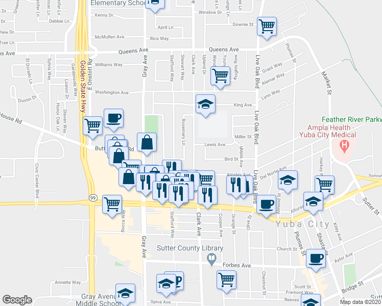map of restaurants, bars, coffee shops, grocery stores, and more near 1168 Clark Avenue in Yuba City