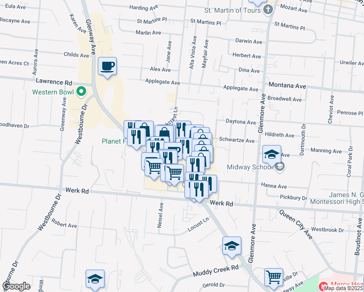 map of restaurants, bars, coffee shops, grocery stores, and more near in Cincinnati