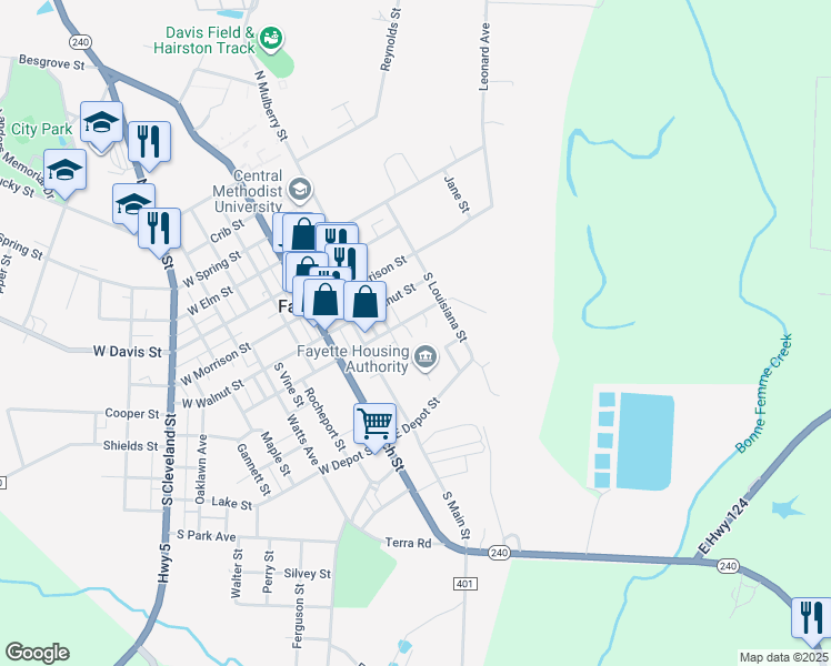 map of restaurants, bars, coffee shops, grocery stores, and more near 307 East Hackberry Street in Fayette