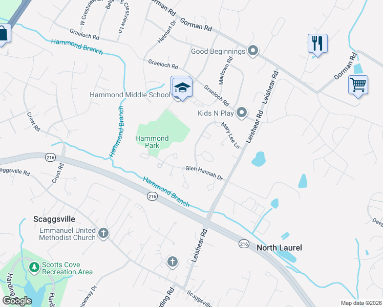 map of restaurants, bars, coffee shops, grocery stores, and more near 8340 Mary Lee Lane in Laurel