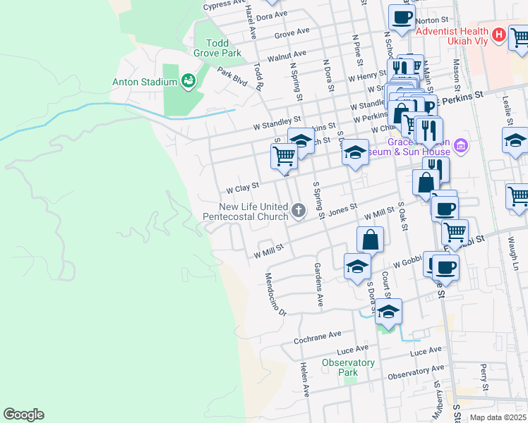 map of restaurants, bars, coffee shops, grocery stores, and more near 449 Eastlick Street in Ukiah