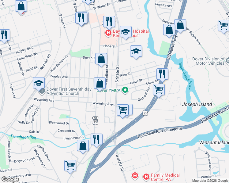 map of restaurants, bars, coffee shops, grocery stores, and more near 1055 South Bradford Street in Dover