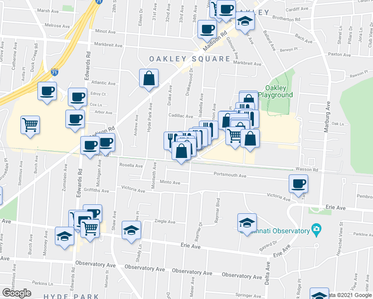 map of restaurants, bars, coffee shops, grocery stores, and more near 3730 Drakewood Drive in Cincinnati