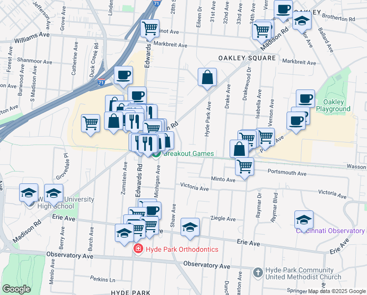 map of restaurants, bars, coffee shops, grocery stores, and more near 3723 Woodland Avenue in Cincinnati