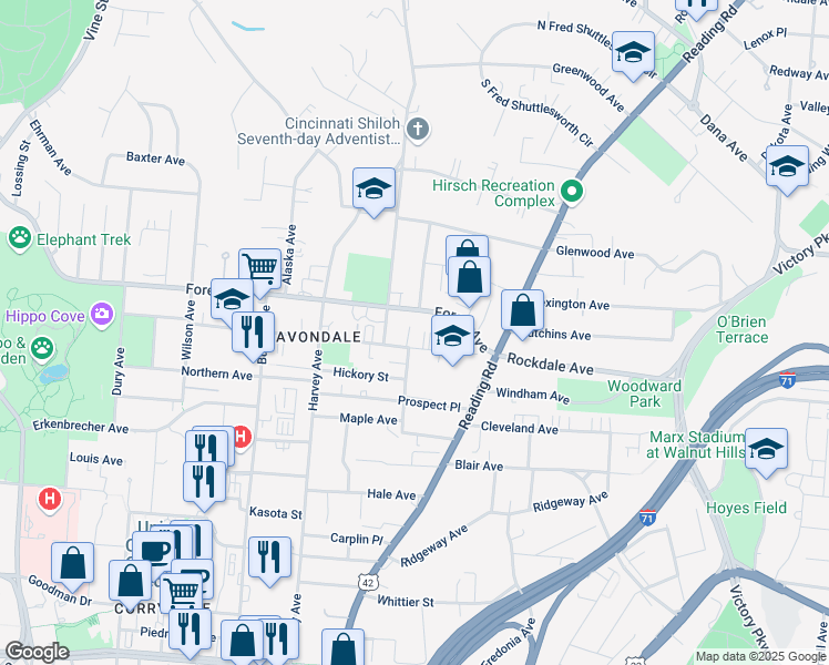 map of restaurants, bars, coffee shops, grocery stores, and more near 633 Forest Avenue in Cincinnati