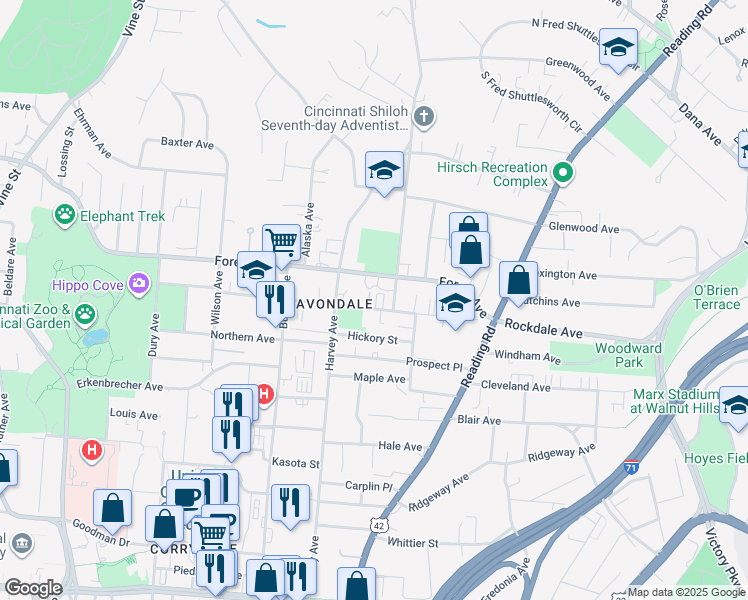 map of restaurants, bars, coffee shops, grocery stores, and more near 519 Forest Avenue in Cincinnati
