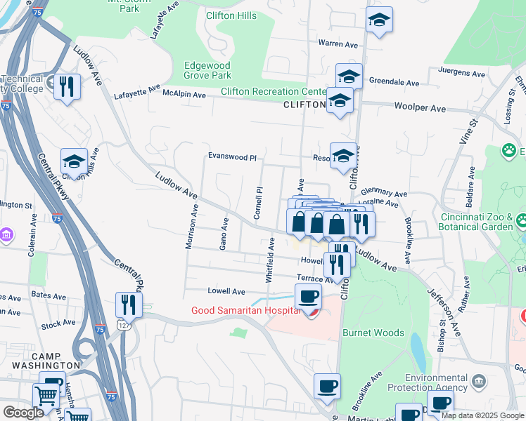 map of restaurants, bars, coffee shops, grocery stores, and more near 3429 Cornell Place in Cincinnati
