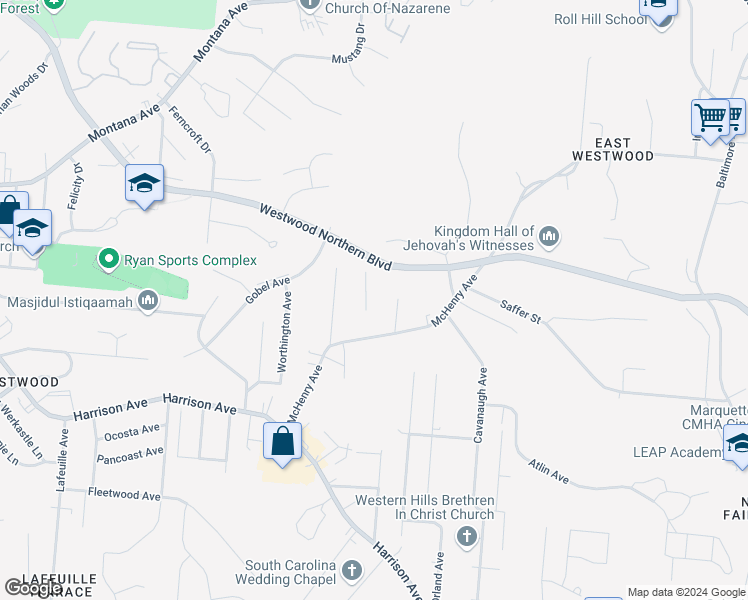 map of restaurants, bars, coffee shops, grocery stores, and more near 3115 McHenry Avenue in Cincinnati