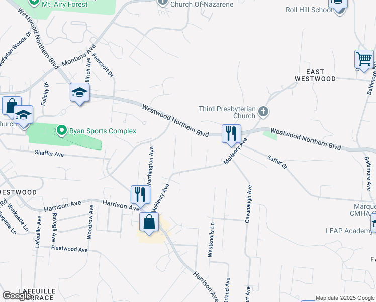map of restaurants, bars, coffee shops, grocery stores, and more near 3115 McHenry Avenue in Cincinnati