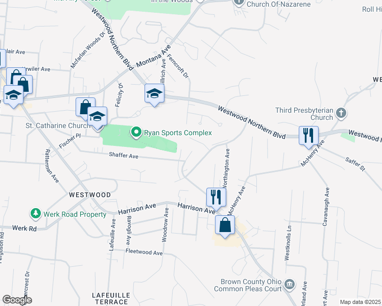 map of restaurants, bars, coffee shops, grocery stores, and more near 3164 Bracken Woods Lane in Cincinnati