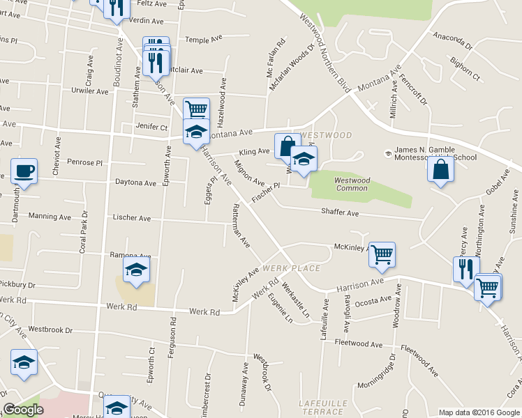 map of restaurants, bars, coffee shops, grocery stores, and more near 2891 Shaffer Avenue in Cincinnati