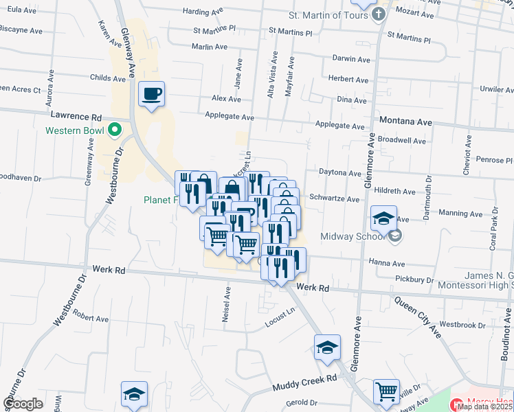 map of restaurants, bars, coffee shops, grocery stores, and more near 6100 Glenway Avenue in Cincinnati
