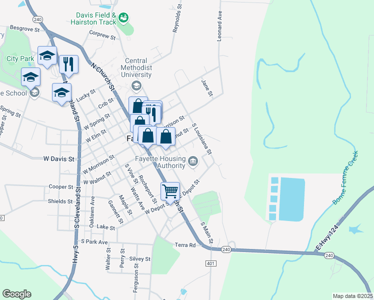map of restaurants, bars, coffee shops, grocery stores, and more near 321 East Hackberry Street in Fayette