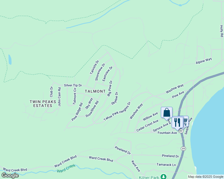 map of restaurants, bars, coffee shops, grocery stores, and more near 101 Timber Drive in Tahoe City