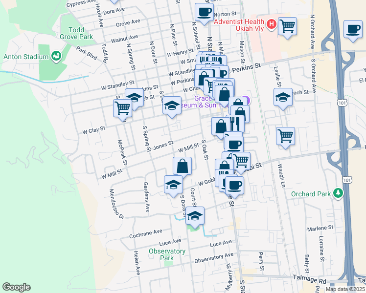 map of restaurants, bars, coffee shops, grocery stores, and more near 323 Jones Street in Ukiah