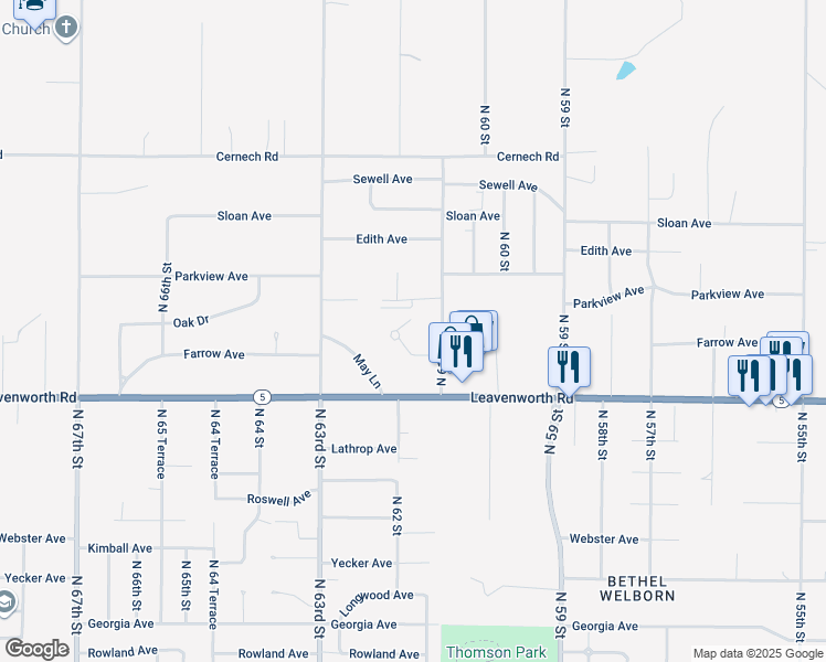 map of restaurants, bars, coffee shops, grocery stores, and more near 3164B North 61st Street in Kansas City