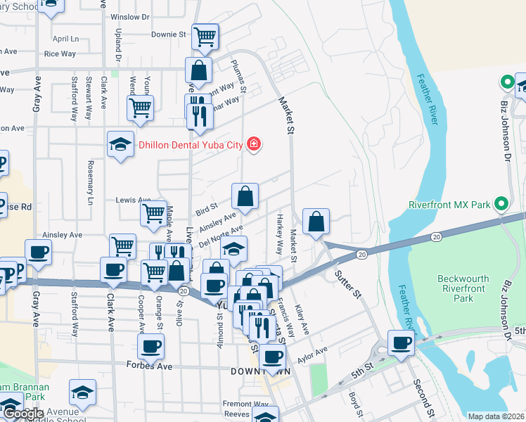 map of restaurants, bars, coffee shops, grocery stores, and more near 349 Ainsley Avenue in Yuba City