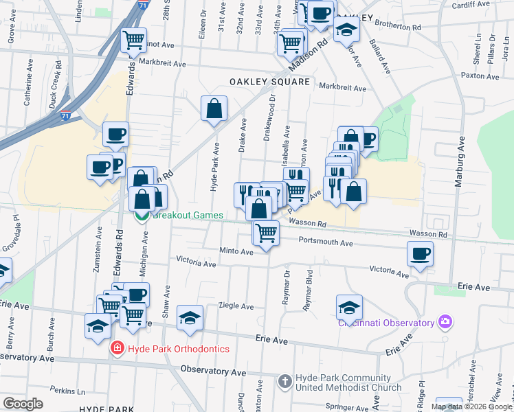 map of restaurants, bars, coffee shops, grocery stores, and more near 3728 Drake Avenue in Cincinnati