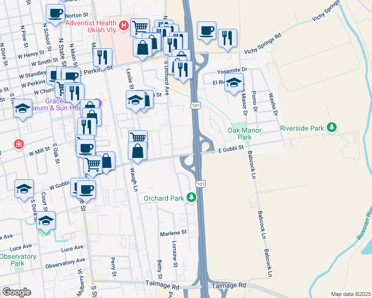 map of restaurants, bars, coffee shops, grocery stores, and more near 693 South Orchard Avenue in Ukiah