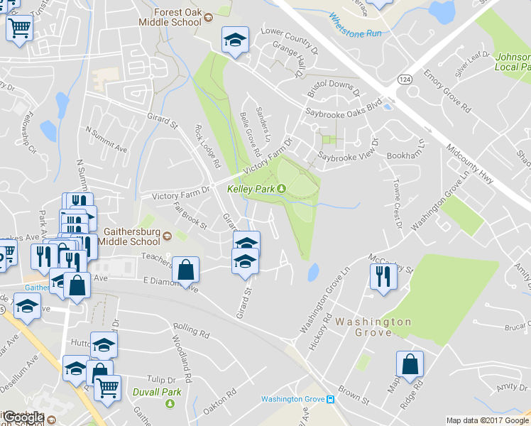 map of restaurants, bars, coffee shops, grocery stores, and more near 36 Steven Court in Gaithersburg