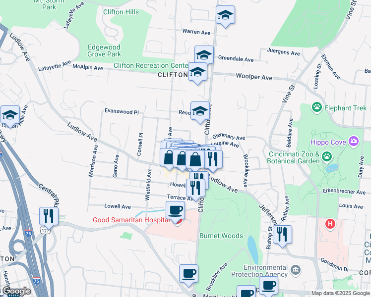 map of restaurants, bars, coffee shops, grocery stores, and more near 3503 Telford Street in Cincinnati