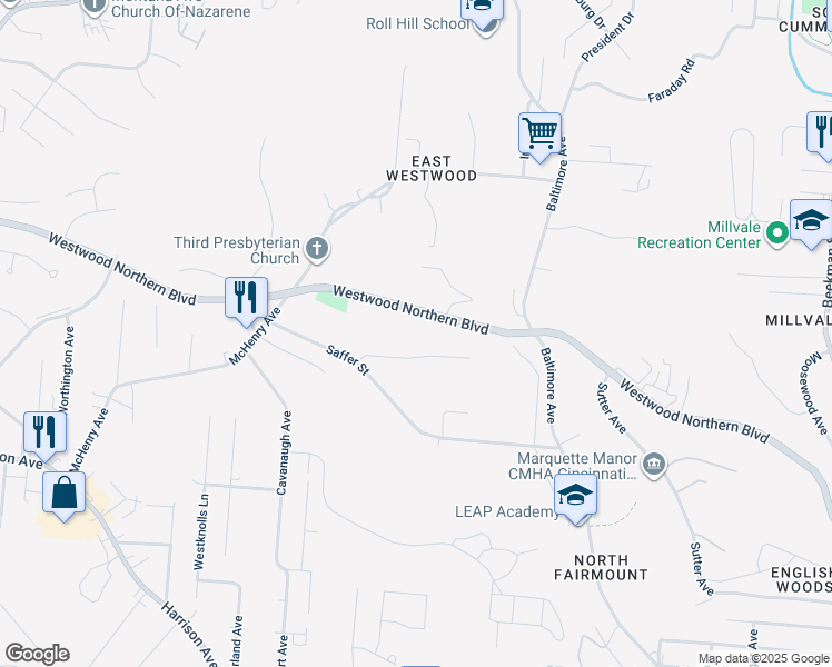map of restaurants, bars, coffee shops, grocery stores, and more near 2227 Westwood Northern Boulevard in Cincinnati