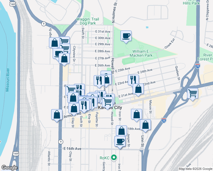 map of restaurants, bars, coffee shops, grocery stores, and more near 698 East 23rd Avenue in North Kansas City