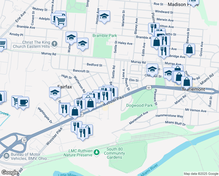 map of restaurants, bars, coffee shops, grocery stores, and more near 3800 Camden Avenue in Cincinnati