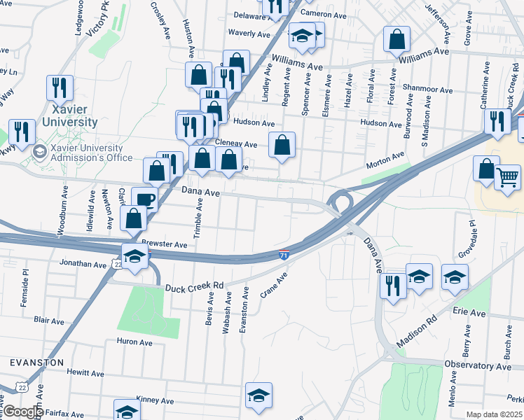 map of restaurants, bars, coffee shops, grocery stores, and more near 2100 Dana Avenue in Cincinnati