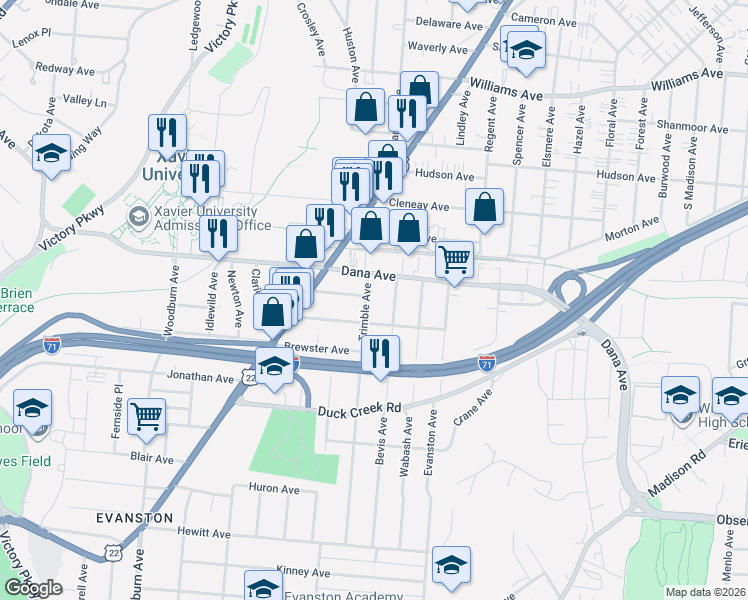 map of restaurants, bars, coffee shops, grocery stores, and more near 3619 Trimble Avenue in Cincinnati
