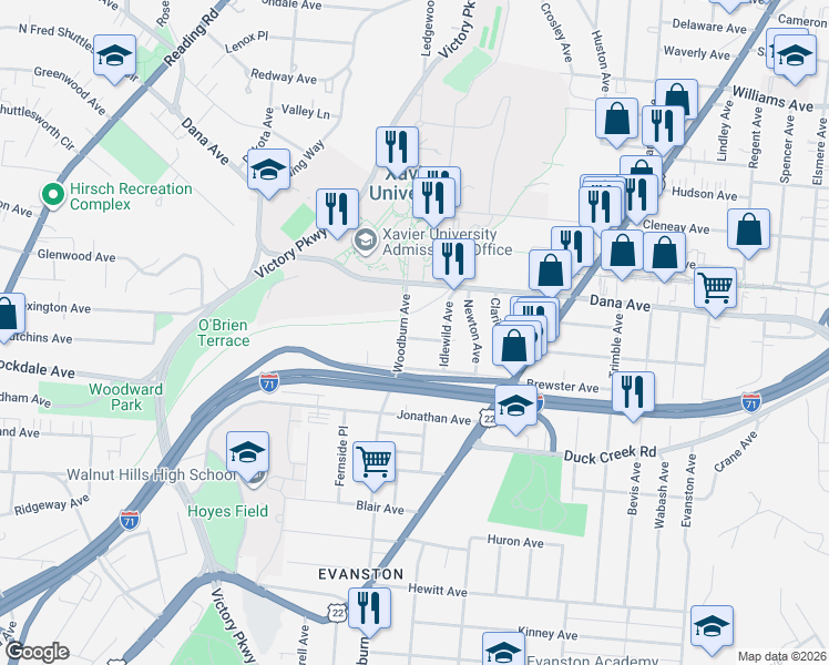 map of restaurants, bars, coffee shops, grocery stores, and more near 3614 Woodburn Avenue in Cincinnati