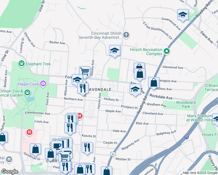 map of restaurants, bars, coffee shops, grocery stores, and more near 519 Forest Avenue in Cincinnati