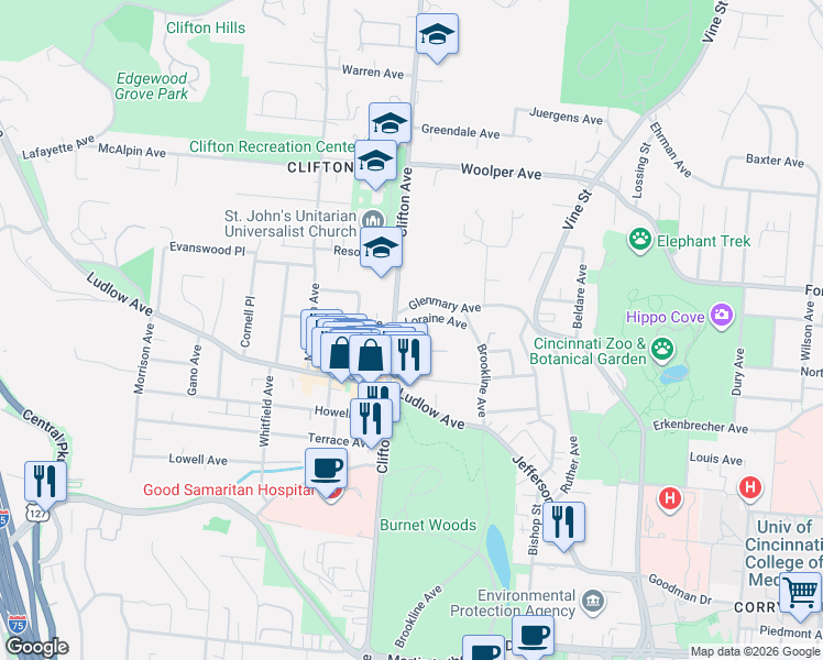 map of restaurants, bars, coffee shops, grocery stores, and more near 264 Loraine Avenue in Cincinnati